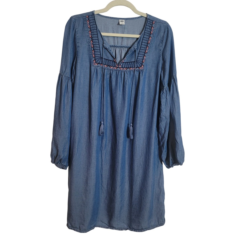 Old Navy Womens Blue Lyocell Denim Embroidered Boho‎ Tassel Shift Dress Small S